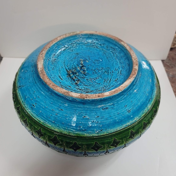 Bitossi Italy Console Bowl w/ Matching Candlestick Art Pottery Rimini blue Green - Picture 9 of 14